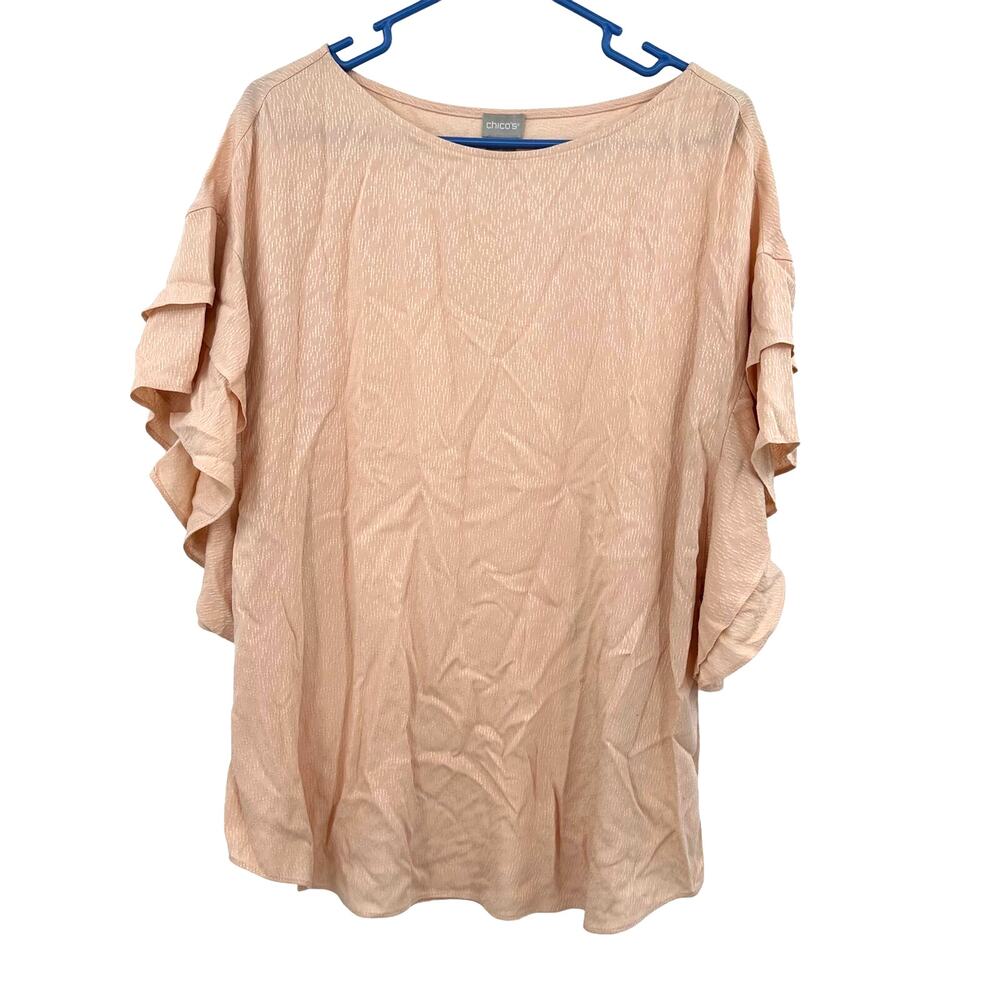 Chicos Size 2 Blouse Pink Flowy Short Sleeve Boat Neck Workwear Casual Basic